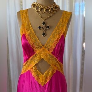 Women's Fuchsia Satin Lace maxi dress with Gold Lace Trim